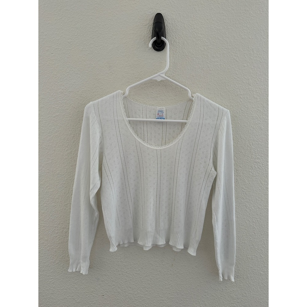 White Swan Pointelle Knit Top White Lace Trim Scoop Neck Long Sleeve Dainty L